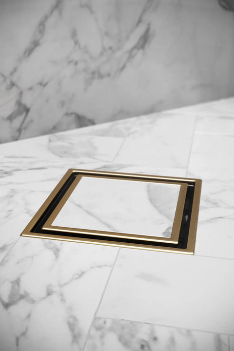 Tile In Shower Drain Kit In Gold With Marine 316 Stainless Steel Frame And ABS Base Lagos Veil Line Square Design
