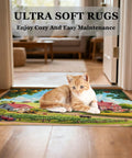 Cat lying on a colorful doorway mat; "Ultra Soft Rugs - Enjoy Cozy And Easy Maintenance" text above.