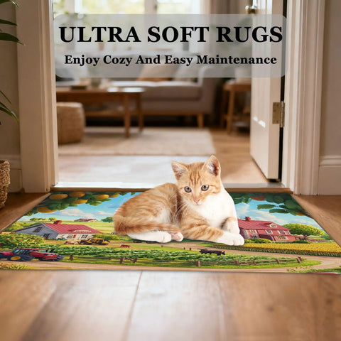 Cat lying on a colorful doorway mat; "Ultra Soft Rugs - Enjoy Cozy And Easy Maintenance" text above.