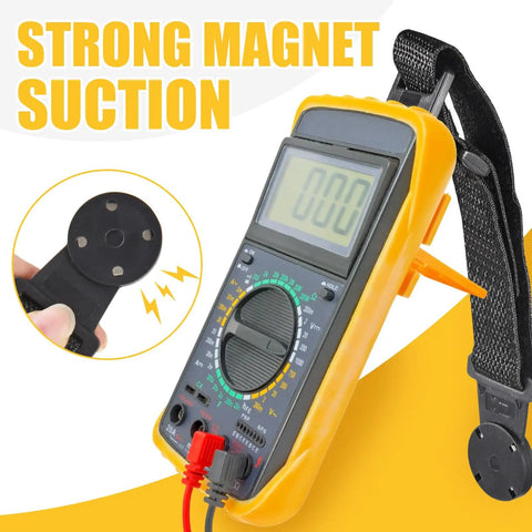 Two Sets Magnetic Hanging Strap Kit For Multimeters And Instruments With Durable Reusable Magnets Fits Most Models Great For Techs DIYers Field Work And Shop Use Keeps Your Gear Organized And Ready To Go, shown with an attached multimeter.