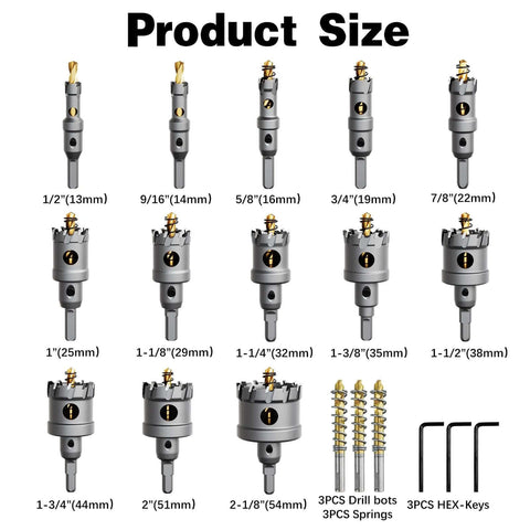 METOTY 19-piece carbide hole saw kit for metal with titanium pilot and L-wrench; includes drill bits and springs