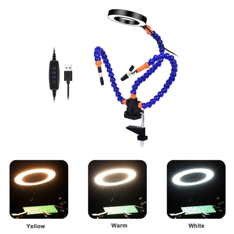 Helping Hand Soldering Setup With Flexible 360 Degree Stainless Steel Arms 3X Magnifying Lamp showing lighting options