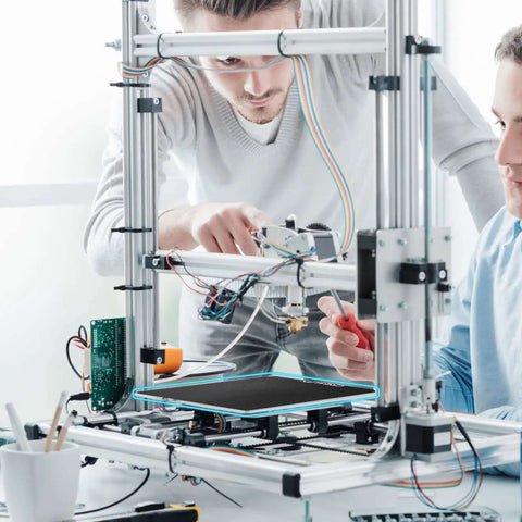 Two people assembling a 3D printer with Ender 3 Glass Bed Upgrade Tempered Glass Plate Build Surface 235x235x4mm installed