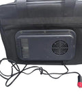 12V Plug In Electric Car Cooler Bag, 25 Liter Portable Beverage Fridge, back view showing cooling unit and power cord.