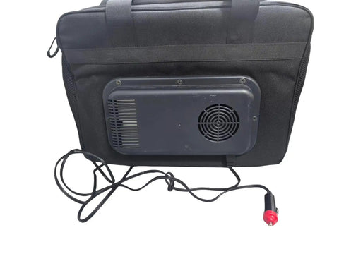 12V Plug In Electric Car Cooler Bag, 25 Liter Portable Beverage Fridge, back view showing cooling unit and power cord.