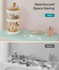 Before and after of Three Tier Round Rotating Makeup And Skincare Organizer for Vanity Countertop Must Have Customizable Storage Lazy Susan Style Space Saving Cosmetic Display Durable Metal And PET Plastic Gift Ready Cloud White showing neat storage with makeup displayed organized on organizer in white color with 70% more space