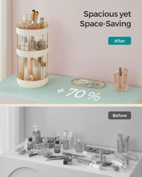 Before and after of Three Tier Round Rotating Makeup And Skincare Organizer for Vanity Countertop Must Have Customizable Storage Lazy Susan Style Space Saving Cosmetic Display Durable Metal And PET Plastic Gift Ready Cloud White showing neat storage with makeup displayed organized on organizer in white color with 70% more space