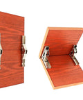 Two Pack 90 Degree Folding Shelf Hinges for Kitchen Cabinet Doors installed on wooden panels, compact design, durable aluminum