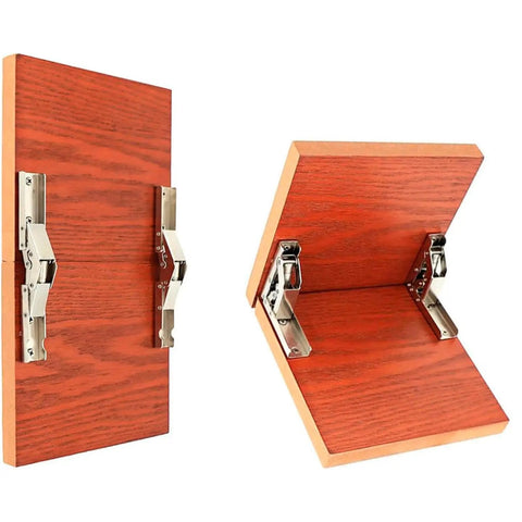 Two Pack 90 Degree Folding Shelf Hinges for Kitchen Cabinet Doors installed on wooden panels, compact design, durable aluminum