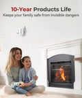 Dead Simple Plug In Carbon Monoxide Detector With 10 Year Battery Backup Ironclad Wall Outlet Monitoring Straight Up Heavy Duty Build Keeping Your Whole Crew Locked Down Safe Daily, mounted on wall beside family.