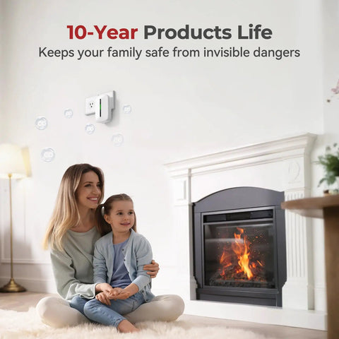 Dead Simple Plug In Carbon Monoxide Detector With 10 Year Battery Backup Ironclad Wall Outlet Monitoring Straight Up Heavy Duty Build Keeping Your Whole Crew Locked Down Safe Daily, mounted on wall beside family.