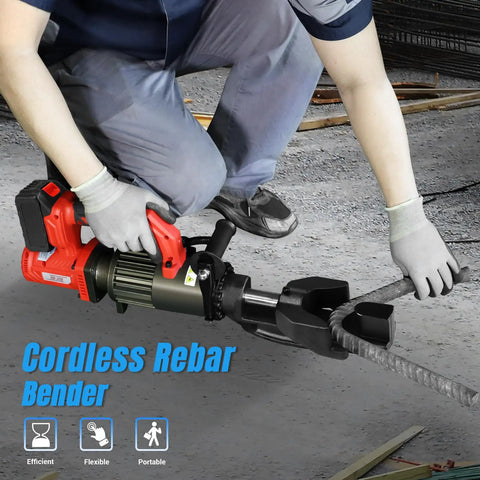 Loschen Cordless Electric Rebar Bender For DIY Pros. Hydraulic handheld tool bending 3/4 inch steel rebar on site.