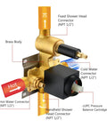 Matte Black Shower Faucet Set with Pressure Balance Rough In Valve and labeled connectors for luxury bathroom mixer setup.
