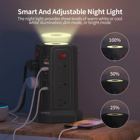 Long 16 Ft Surge Protector Power Strip Tower With PD 20W USB C Night Light Four USB Ports And Four Outlets Flat 45 Degree Plug Extra Long Extension Cord For Hard To Reach Spaces In Home Office And Entertainment Setup Black showing dimmable night light feature