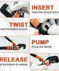 Instructions for using 10 Ton Hydraulic Battery Cable Crimper With 9 Dies And Dual Blade Weir Cutter, showing insert, twist, pump, release steps.