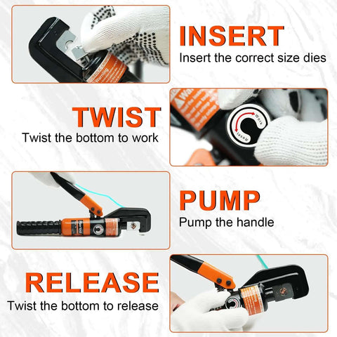Instructions for using 10 Ton Hydraulic Battery Cable Crimper With 9 Dies And Dual Blade Weir Cutter, showing insert, twist, pump, release steps.