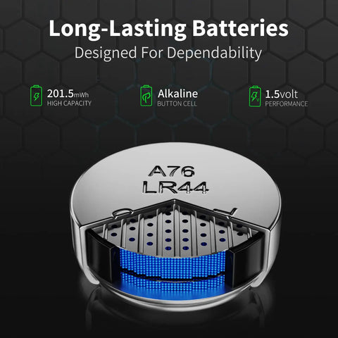 Heavy Duty 1.5 Volt Alkaline Button Coin Cell Batteries 60 Pack Providing No Sweat LR44 AG13 A76 SR44 357 Power For Toys Cameras And Watches That Really Goes The Distance Daily, showcasing A76 LR44 battery with blue lighting.