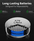 Grab This Dope 12 Pack A76 357 303 LR44 SR44 Alkaline Button Cell Batteries 1.5V High Energy Powerhouse showing an open package with one battery.