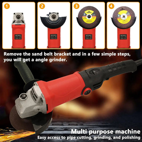 Heavy Duty 6 Speed Variable Speed Belt Sander 10000 RPM showing angle grinder conversion with red design and grinding disc.