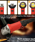 Heavy Duty Workhorse 1080W Pipe Tube Polisher Sander With Six Variable Speeds And 10000 RPM Belt Grinder showing angle grinder transformation.