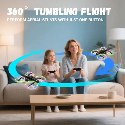 Woman and girl flying Kids RC Drone With Altitude Hold Headless Mode Propeller Guards LED Lights And 3 Speed Modes indoors