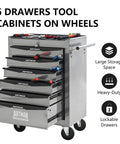 Badass 21 Inch Lockable Tool Storage Cabinet With Heavy Steel Countertop Smooth Ball Bearing Slides For Tough Garage Organization Secure Rolling Shop Locker Silver with six drawers and tools.