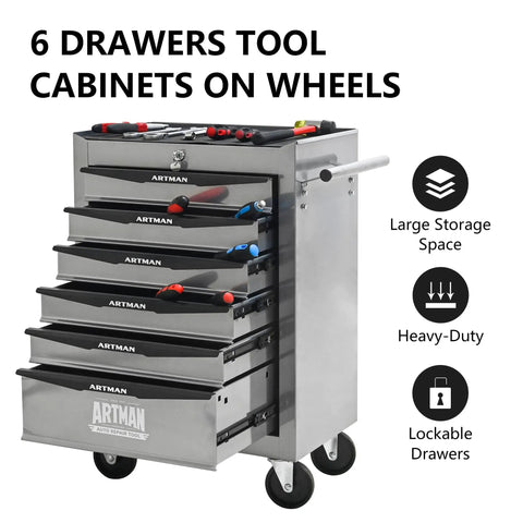 21 Inch Tough As A Nail Rolling Tool Cabinet Steel Worktop Ball Bearing Slides with tools, 6 drawers on swivel casters, heavy duty.