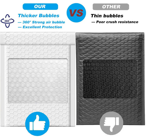 Comparison of Bubble Mailers 4x8 Inch 50 Pack Waterproof Thick Padded Self Seal Envelopes showing thicker bubbles vs thin bubbles.