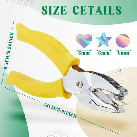 Three Piece Hole Punch Set With Round Heart And Star Shapes For One Quarter Inch And Three Sixteenth Inch Holes, yellow handle