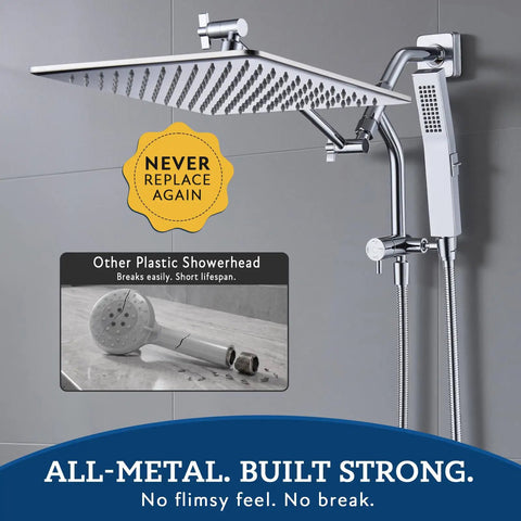 12 Inch All Metal Rain Shower Head With Handheld Spray In Chrome Finish Featuring 144 Wide Angle Nozzles For Solid Bathroom Upgrades That Let You Straight Up Kick Back And Chill Daily