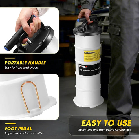 Versatile 6.5L oil extractor pump with dual pneumatic and manual modes, showing extended handle and foot pedal