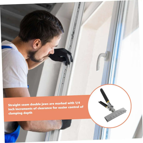 Worker using 6 Inch Manual Sheet Metal Bender Duckbill Pliers Edge Seamer on window frame; tool inset with non-slip handle visible.