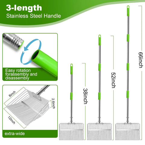 Large Chicken Poop Scooper With Stainless Steel Handle, 4 In 1 Litter Sifting Shovel, Adjustable Length From 23 To 66 Inches, Dual Slot Widths