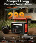 Lightweight Portable Power Station Delivers 600W Continuous Power With 1200W Surge 299Wh Battery Backup on wooden table outdoors