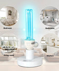 UVC Sanitizer Lamp With Ozone For Home Use showing applications in bedroom, living room, bathroom, and kitchen