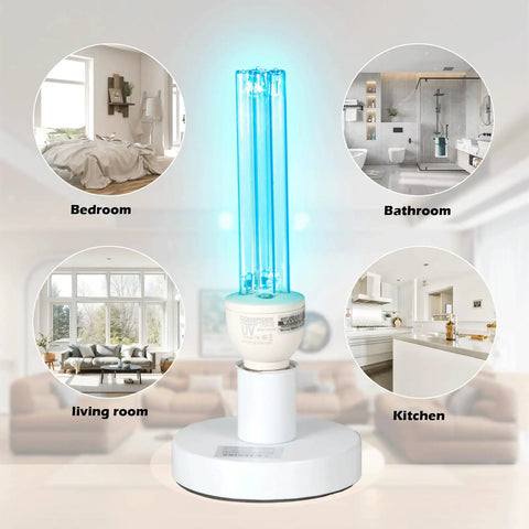 UVC Sanitizer Lamp With Ozone For Home Use showing applications in bedroom, living room, bathroom, and kitchen
