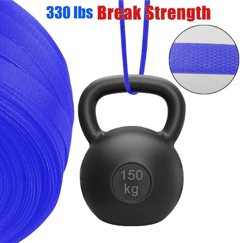 Tough As Nails Manual Banding Strapping Kit Includes A Massive 330 Foot Reel Of Snag Free Polypropylene Tape Plus 100 Plastic Tension Buckles And Grip Gloves For Bulletproof Box Sealing with a blue tape reel and a 150 kg kettlebell.