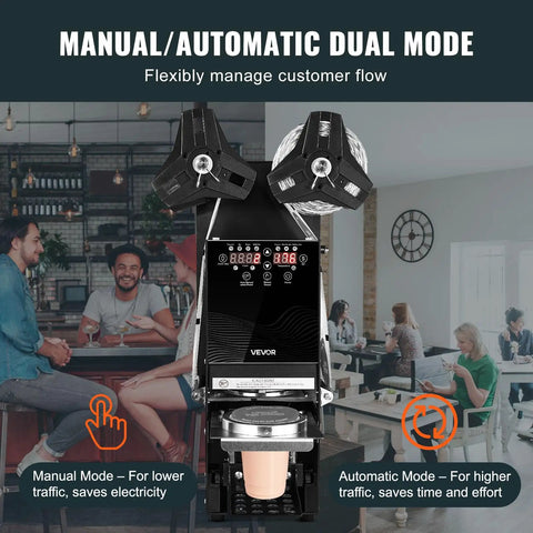 No Fuss Fully Automatic Cup Sealer Pumping Six Hundred Cups Hour With Digital Control Panel in coffee shop setting.