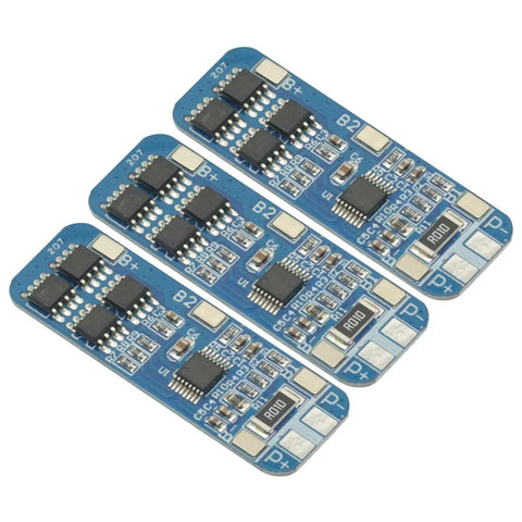 Slick 3Pcs 3S 12V BMS For 18650 Lithium Ion Packs offering 10 Amp max draw, showcasing three blue PCB boards with electronic components.