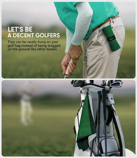 Golfer using the Golf Towel Set Of 3 16x16 Waffle Microfiber Towels With Carabiners And Hooks Includes Club Range Card And Gift Box.