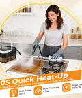 Handheld One Point Two Five Liter Steam Cleaner With Killer Steam Power And Fast High Output For Chemical Free Auto Wash And Kitchen Or Garage Grease Removal In Smooth White Design That Beats Every Stain Dead being used on a stovetop.