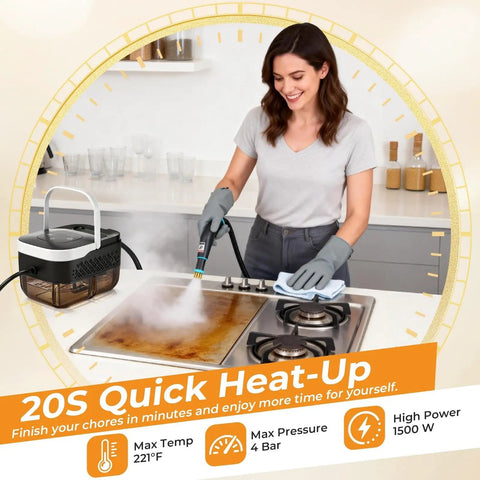 Handheld One Point Two Five Liter Steam Cleaner With Killer Steam Power And Fast High Output For Chemical Free Auto Wash And Kitchen Or Garage Grease Removal In Smooth White Design That Beats Every Stain Dead being used on a stovetop.