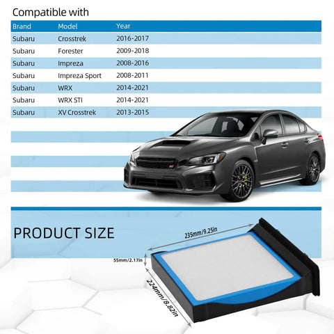Cabin Air Filter Replacement CF10930 For Subaru Crosstrek Forester Impreza WRX STI And XV Crosstrek with vehicle compatibility chart and filter dimensions