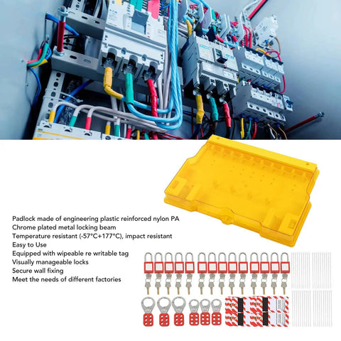 Lockout Tagout Station Kit With Tamper Proof Cover showing yellow box, padlocks, keys, tags, and labels for factory safety compliance