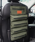 Five Pocket Tool Roll Organizer Pouch with Zipper Pockets and Adjustable Buckle Closure for Hardware and Workshop Accessories hanging in car
