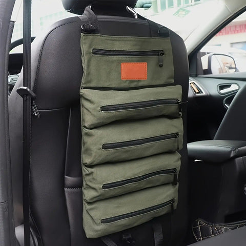 Five Pocket Tool Roll Organizer Pouch with Zipper Pockets and Adjustable Buckle Closure for Hardware and Workshop Accessories hanging in car