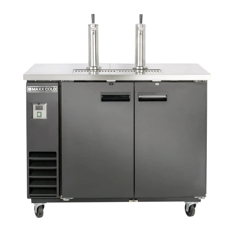 Badass Black Draft Beer Dispenser With Dual Insulated Taps And Heavy Duty Stainless Steel Top stores two full size kegs.