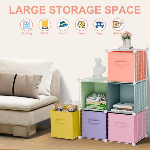 Six Cube Storage Organizer With Fabric Bins And Wire Grid Shelves Stackable Modular Units For Bedroom Living Room And Office