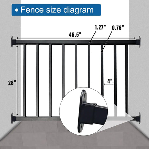 Top Notch Black Metal Deck Railing Kit With Weather Resistant Coating size diagram showing 46.5" width and 28" height.