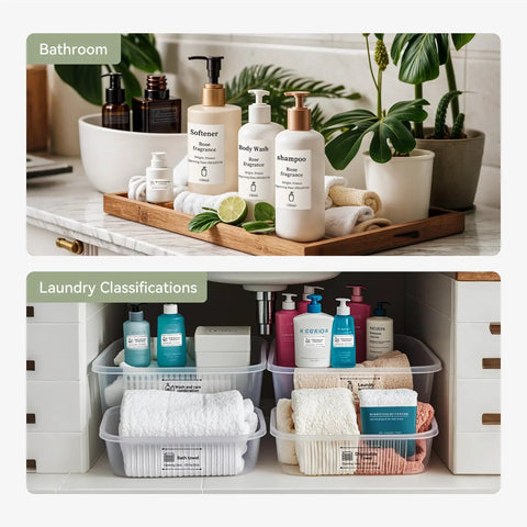 Slick Durable Portable Label Maker Machine With Wireless Bluetooth Pc App For No Sweat Home Organization And School Storage Includes Self Adhesive Tape Rolls In Green White on organized bathroom and laundry storage.